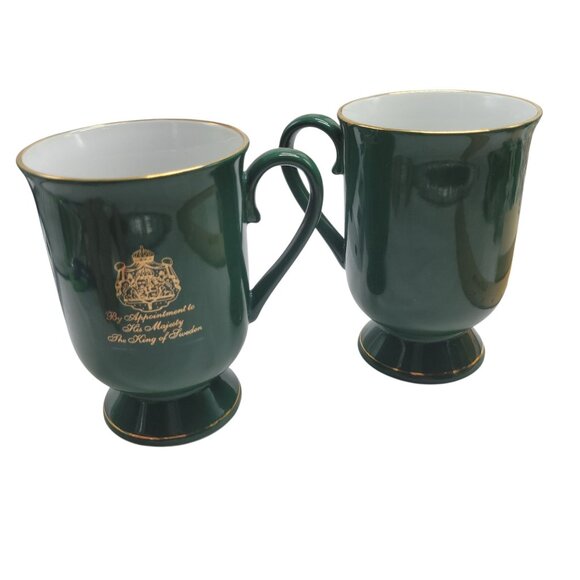 2 Gevalia Kaffe Green Footed Pedestal Mugs Gold Royal Emblem King of Sweden Coff - Picture 8 of 10